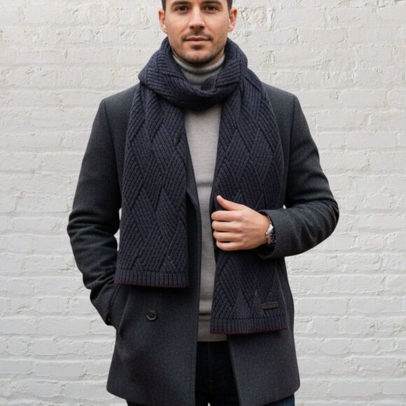 Ted Baker Wool Blend Knitted Scarf Men's Rectangle Classic Dark Grey Purple Hue - Picture 1 of 12